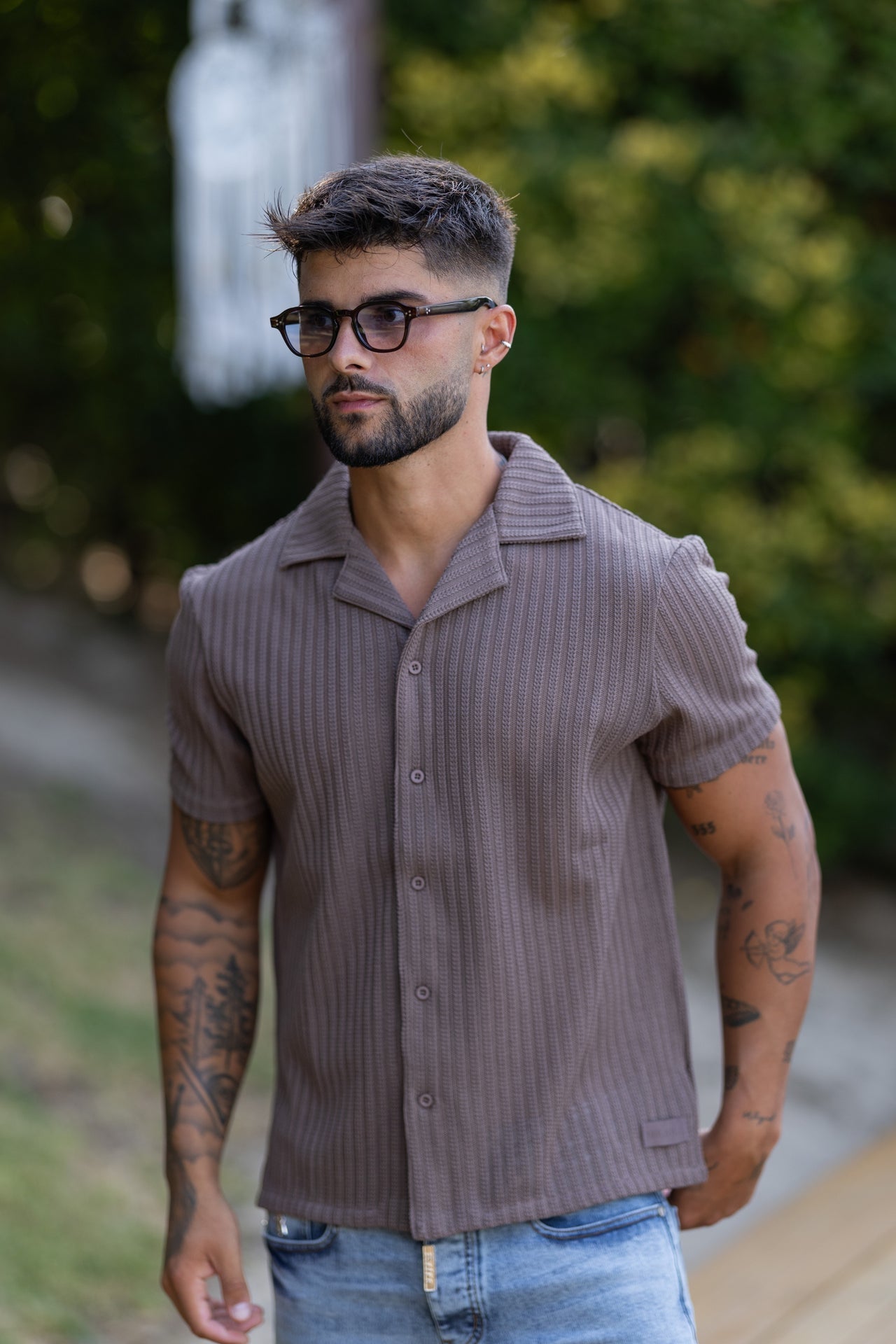 Camisa Texturizada de Manga Curta Castanha SikSilk SikSilk