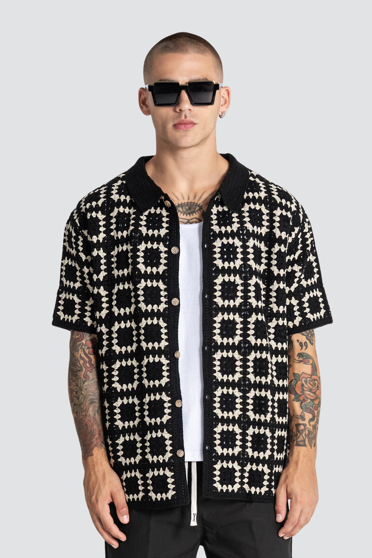 Camisa Tricotada de Manga Curta Preto e Bege Gianni Kavanagh