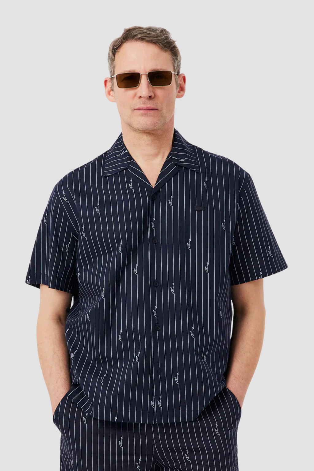 Camisa de Manga Curta Azul com Riscas Brancas Lacoste