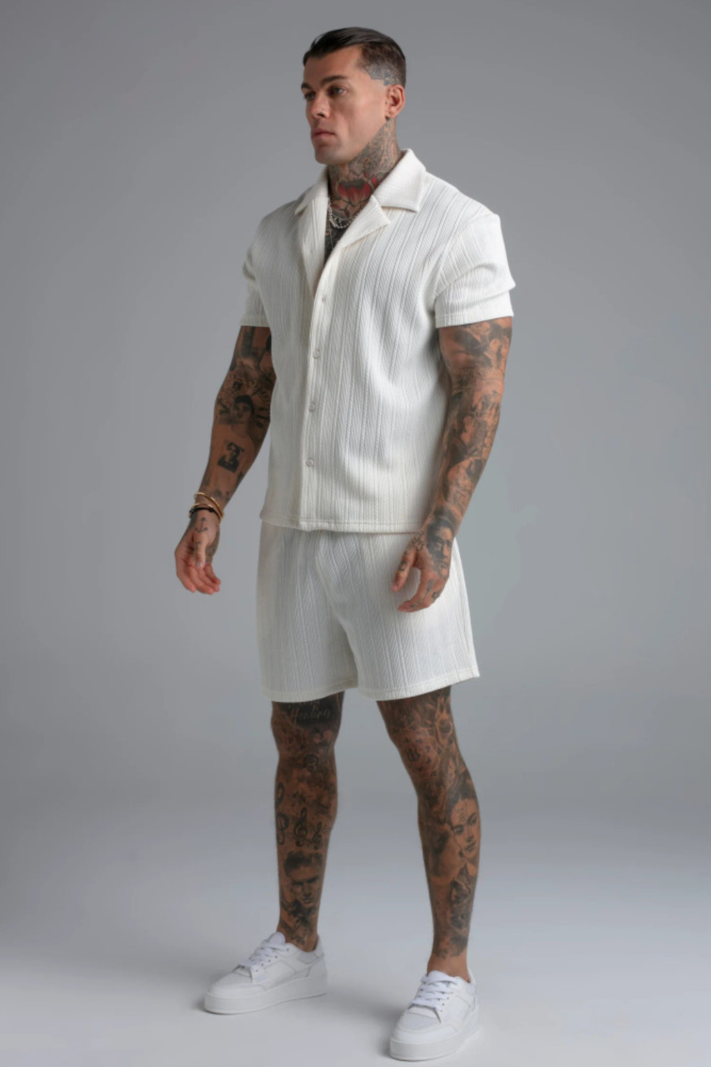Conjunto Camisa e Calções Branco Texturado