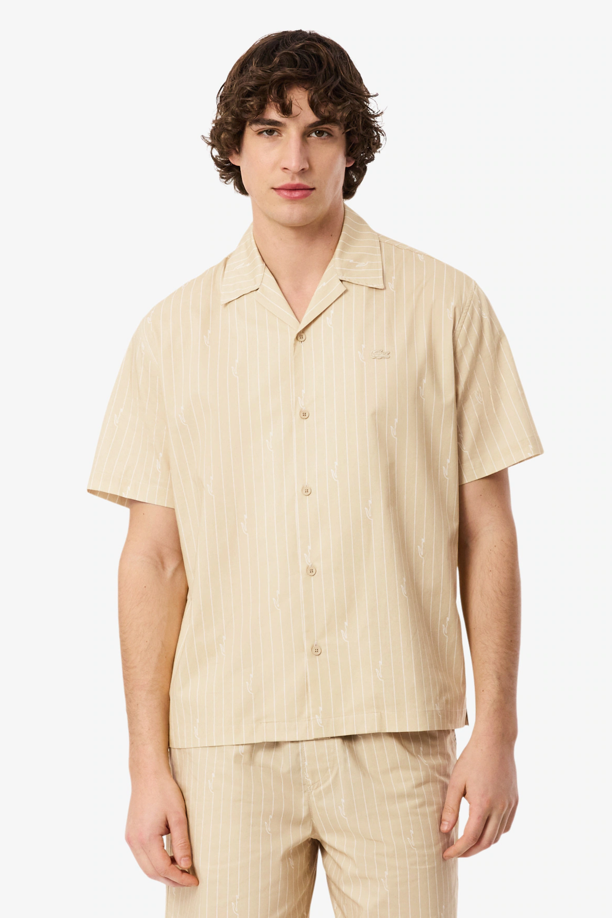 Camisa de Manga Curta Bege com Riscas Brancas Lacoste