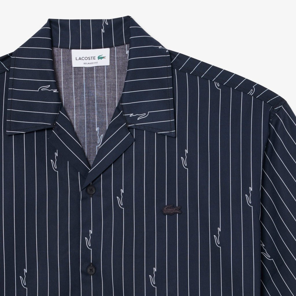 Camisa de Manga Curta Azul com Riscas Brancas Lacoste