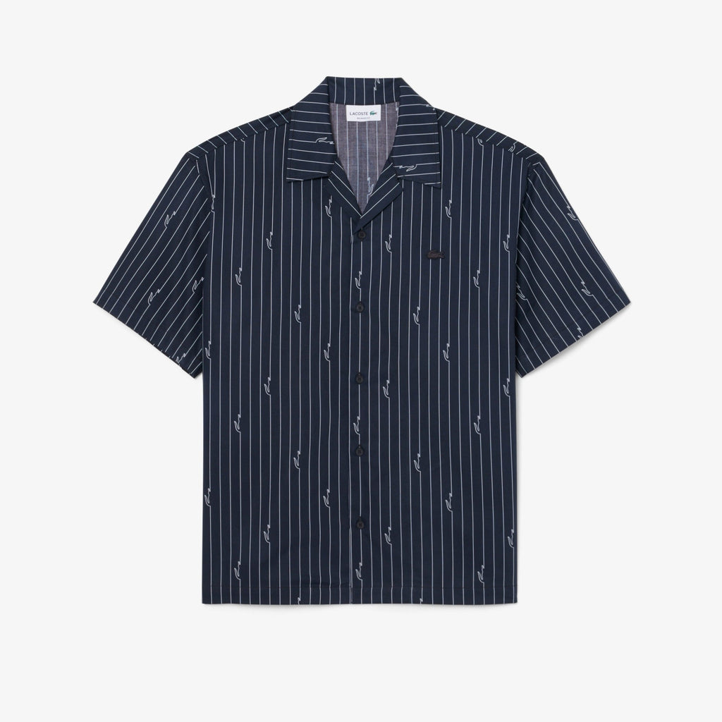 Camisa de Manga Curta Azul com Riscas Brancas Lacoste
