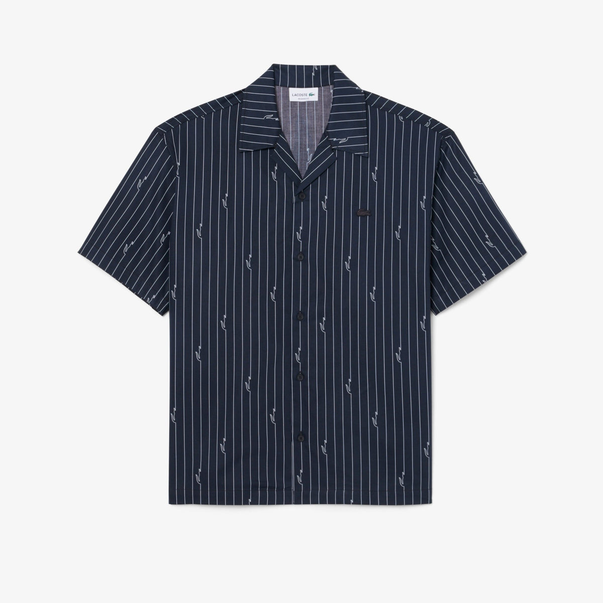 Camisa de Manga Curta Azul com Riscas Brancas Lacoste