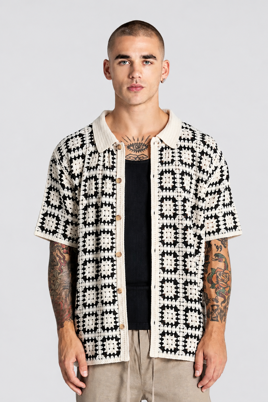 Camisa Knit de Manga Curta Preta e Bege Gianni Kavanagh