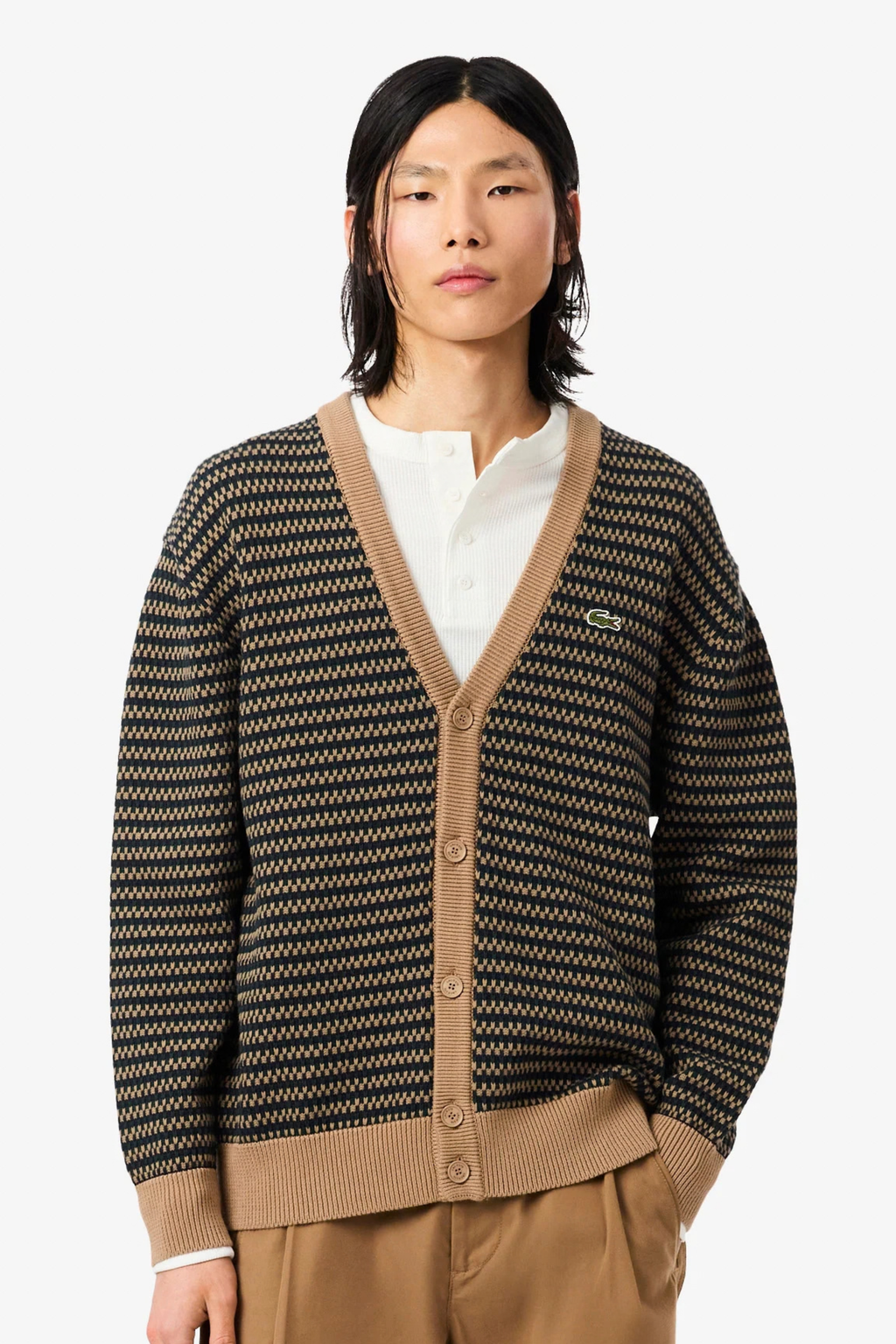 Casaco de Malha Padrão Bicolor Camel e Azul Lacoste Oversized Lacoste